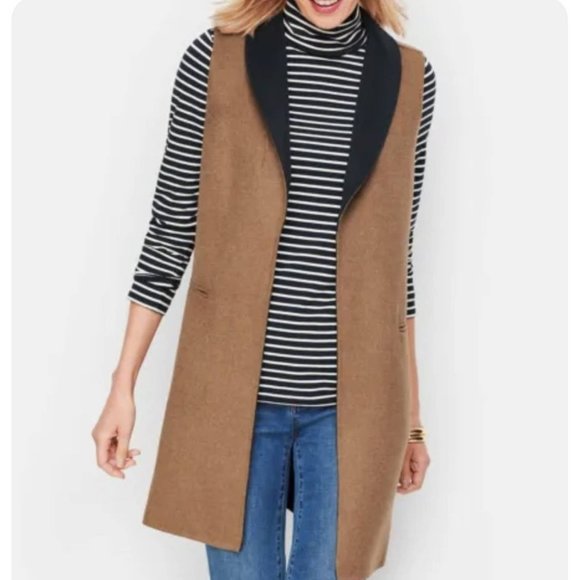 Talbots Double Face Wool Blend Open Front Shawl Collar Vest Camel/Navy Large - Picture 2 of 7
